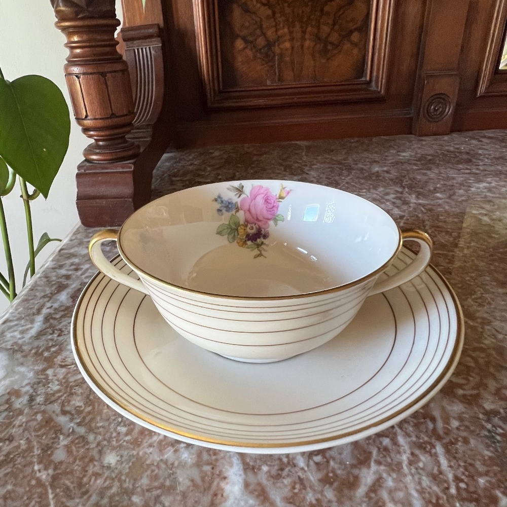 Vtg Warwick china soup bowl and saucer double-handle roses gold rim USA
